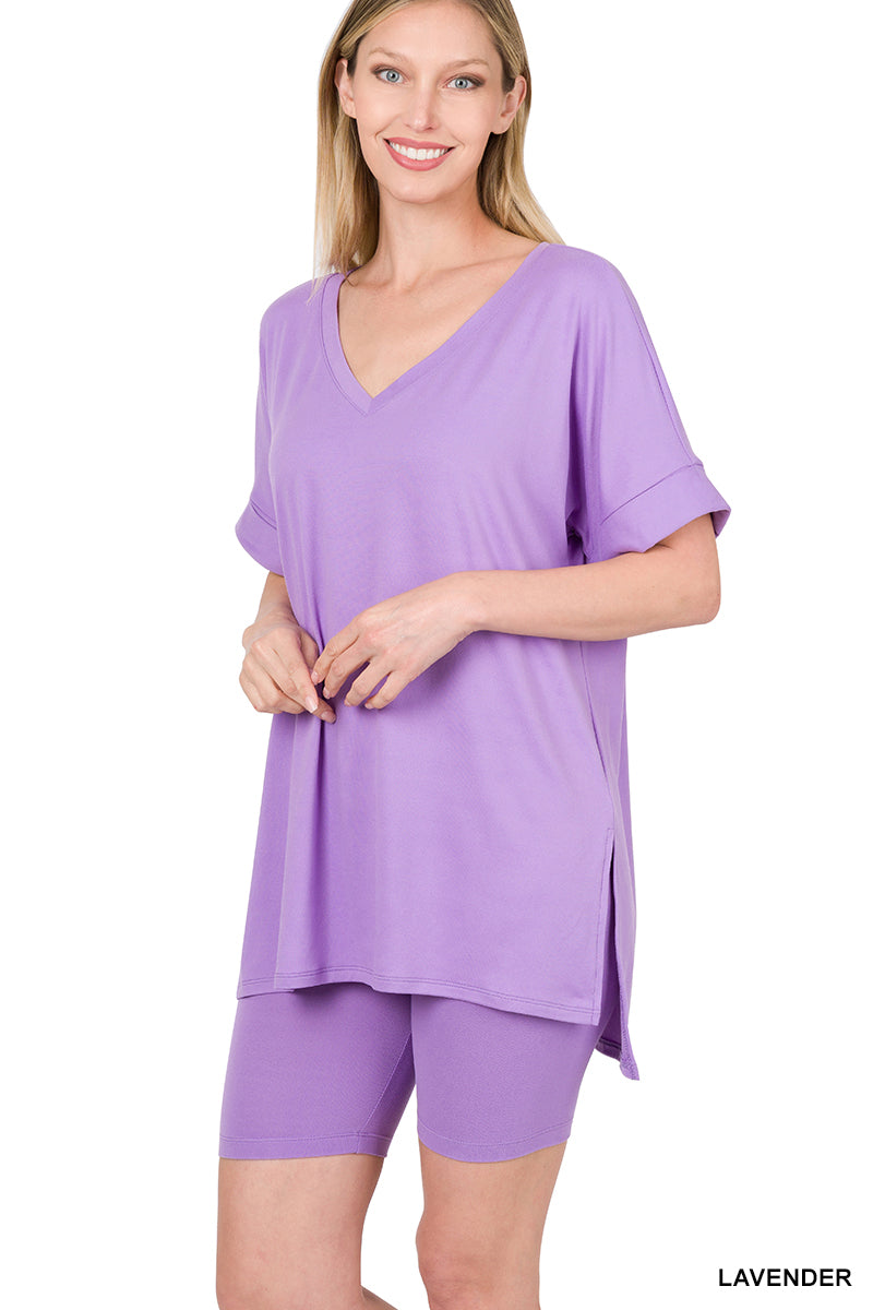 Brushed dty microfiber v-neck top &amp; biker shorts