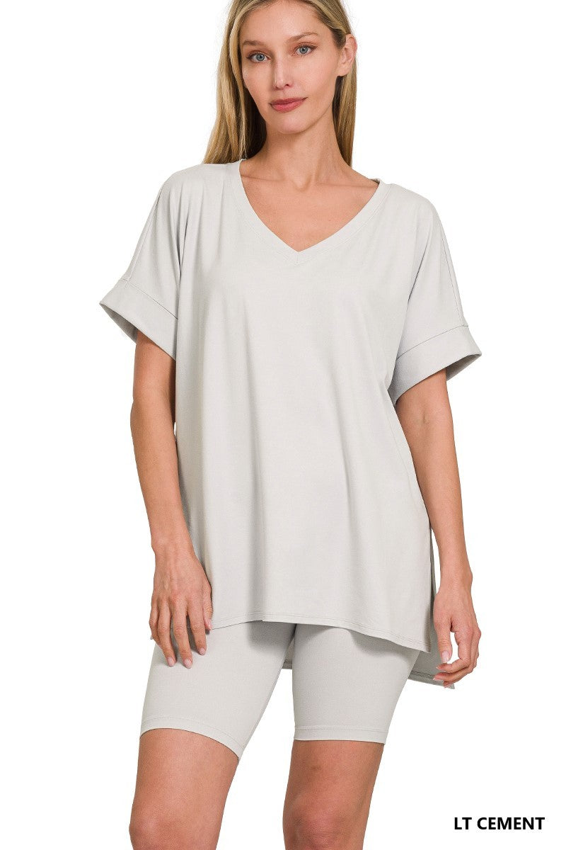 Brushed dty microfiber v-neck top &amp; biker shorts