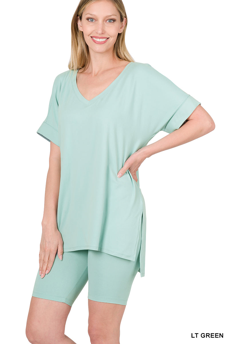 Brushed dty microfiber v-neck top &amp; biker shorts