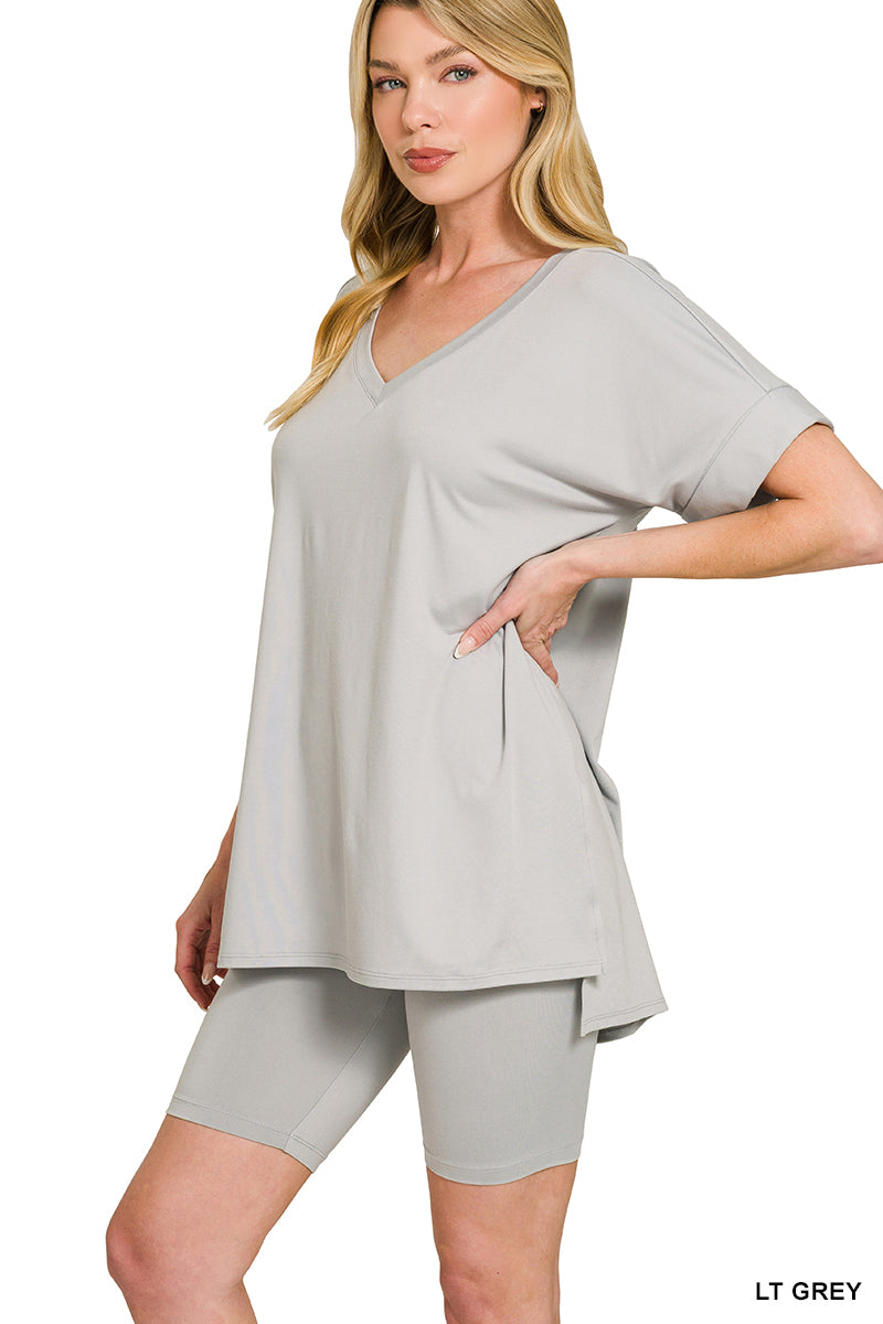 Brushed dty microfiber v-neck top &amp; biker shorts