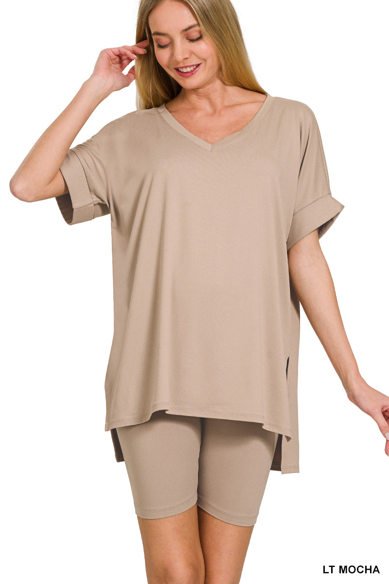 Brushed dty microfiber v-neck top &amp; biker shorts