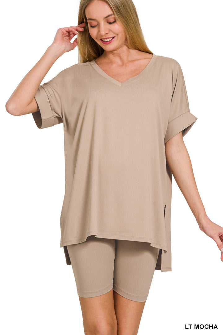 Brushed dty microfiber v-neck top &amp; biker shorts