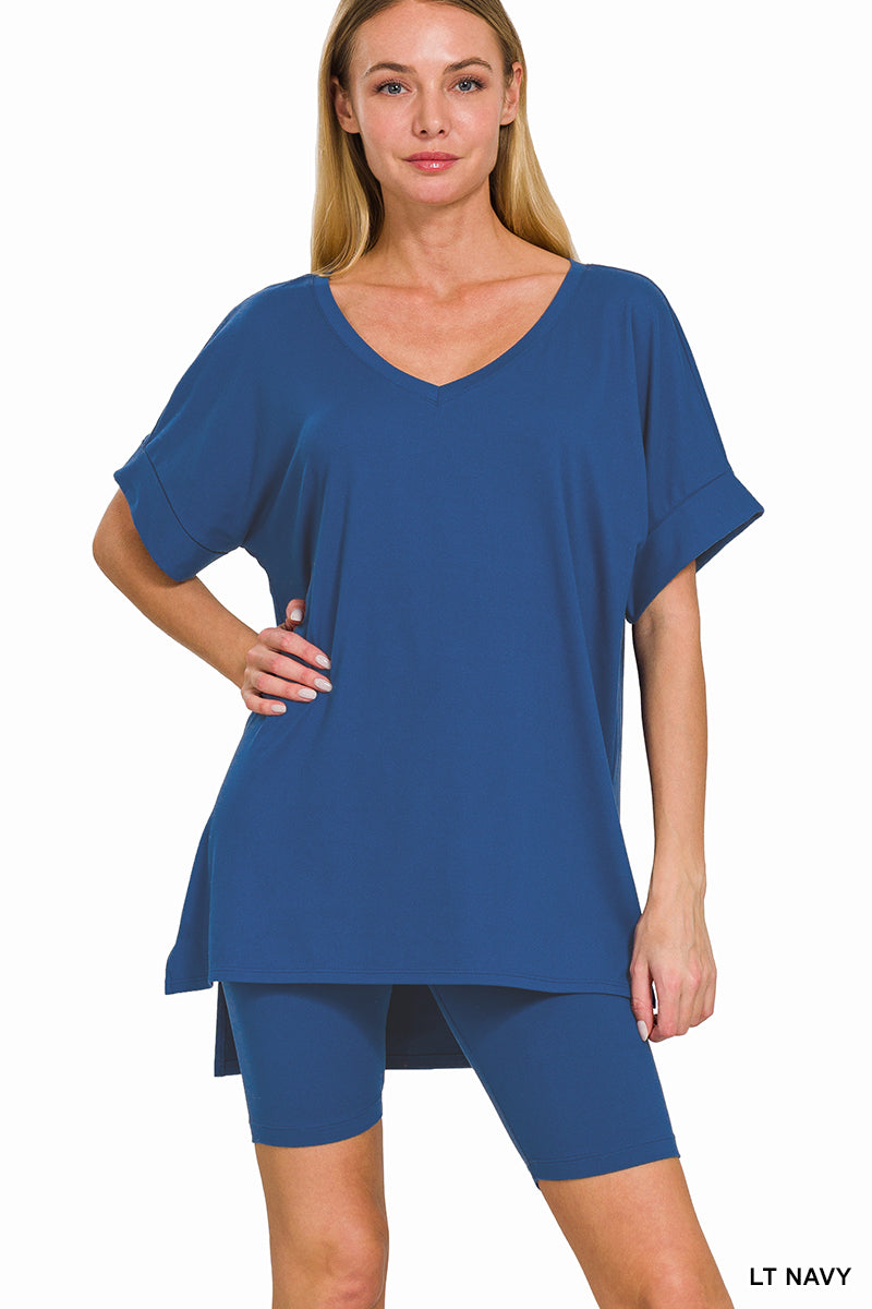 Brushed dty microfiber v-neck top &amp; biker shorts