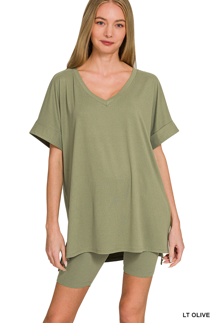 Brushed dty microfiber v-neck top &amp; biker shorts