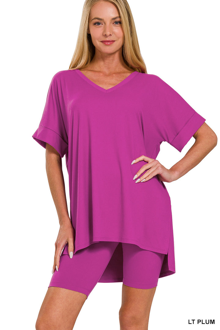 Brushed dty microfiber v-neck top &amp; biker shorts