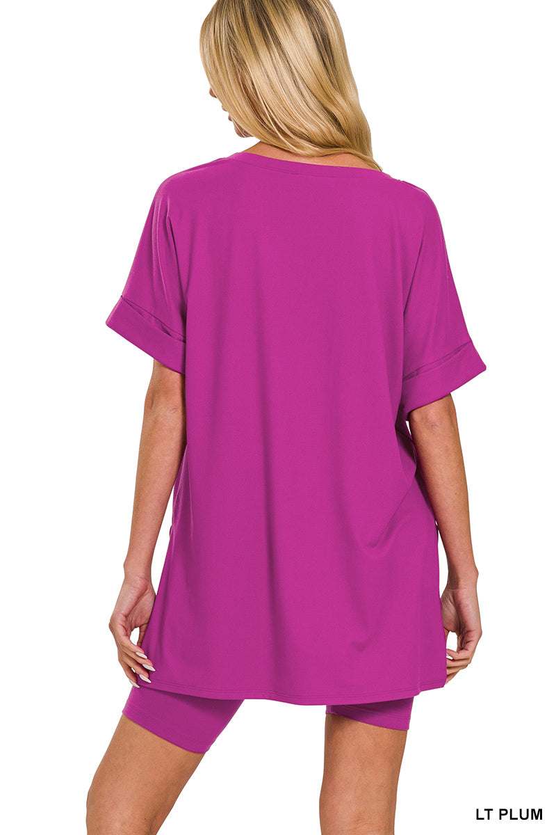 Brushed dty microfiber v-neck top &amp; biker shorts