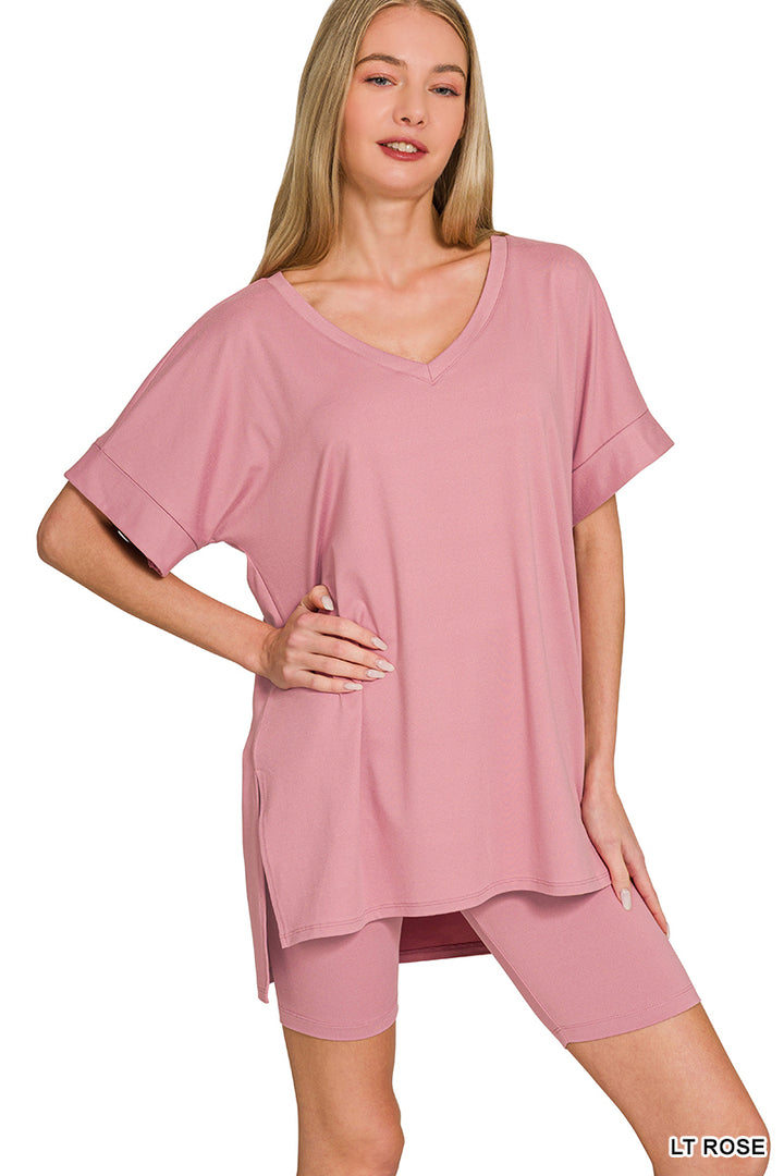 Brushed dty microfiber v-neck top &amp; biker shorts