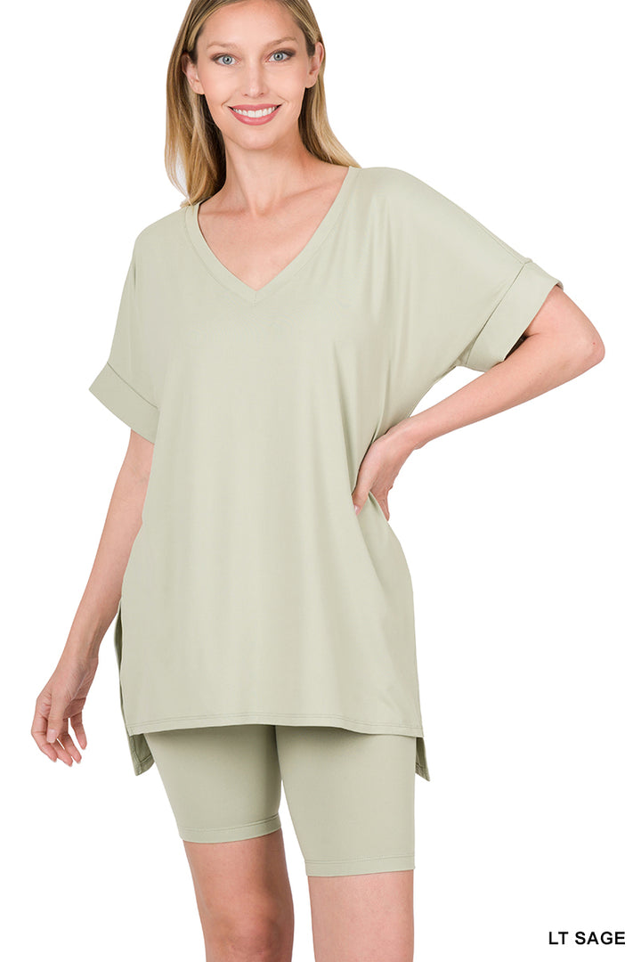 Brushed dty microfiber v-neck top &amp; biker shorts