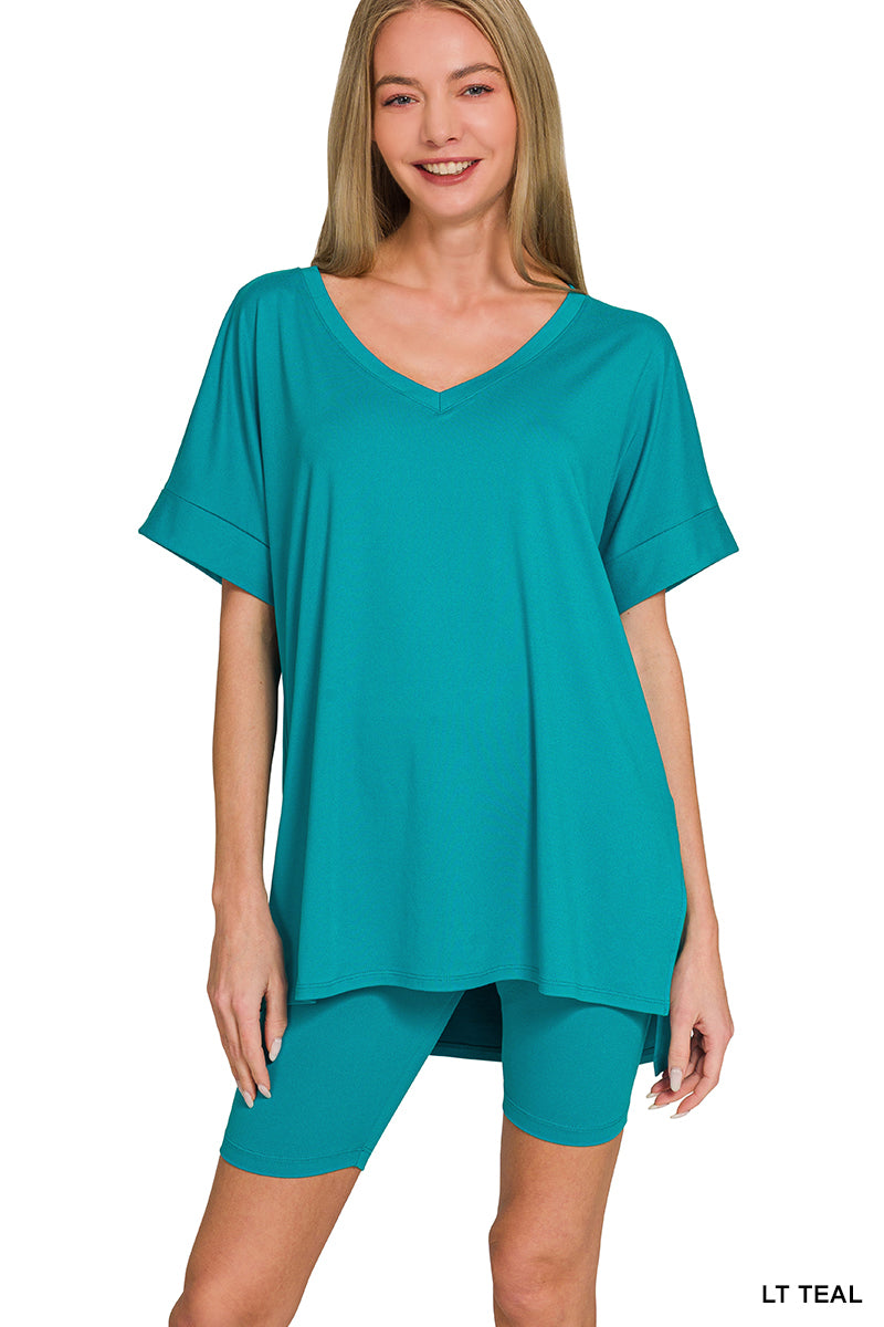 Brushed dty microfiber v-neck top &amp; biker shorts