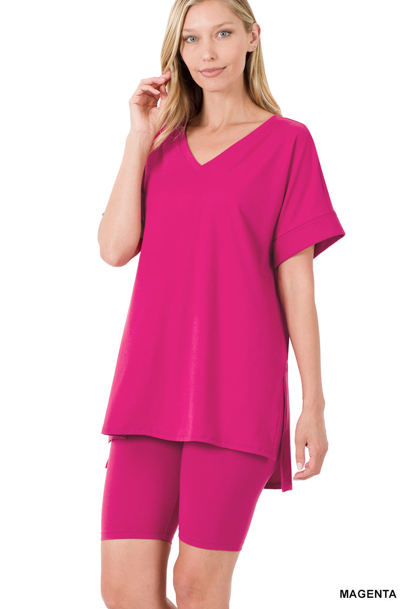 Brushed dty microfiber v-neck top &amp; biker shorts