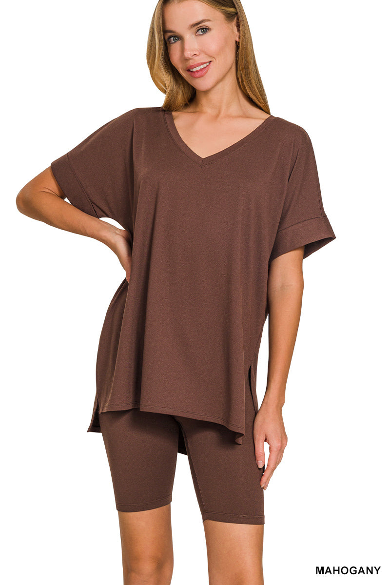 Brushed dty microfiber v-neck top &amp; biker shorts