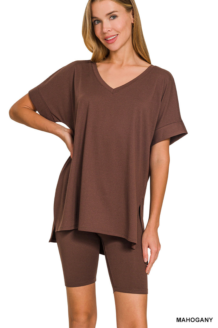 Brushed dty microfiber v-neck top &amp; biker shorts