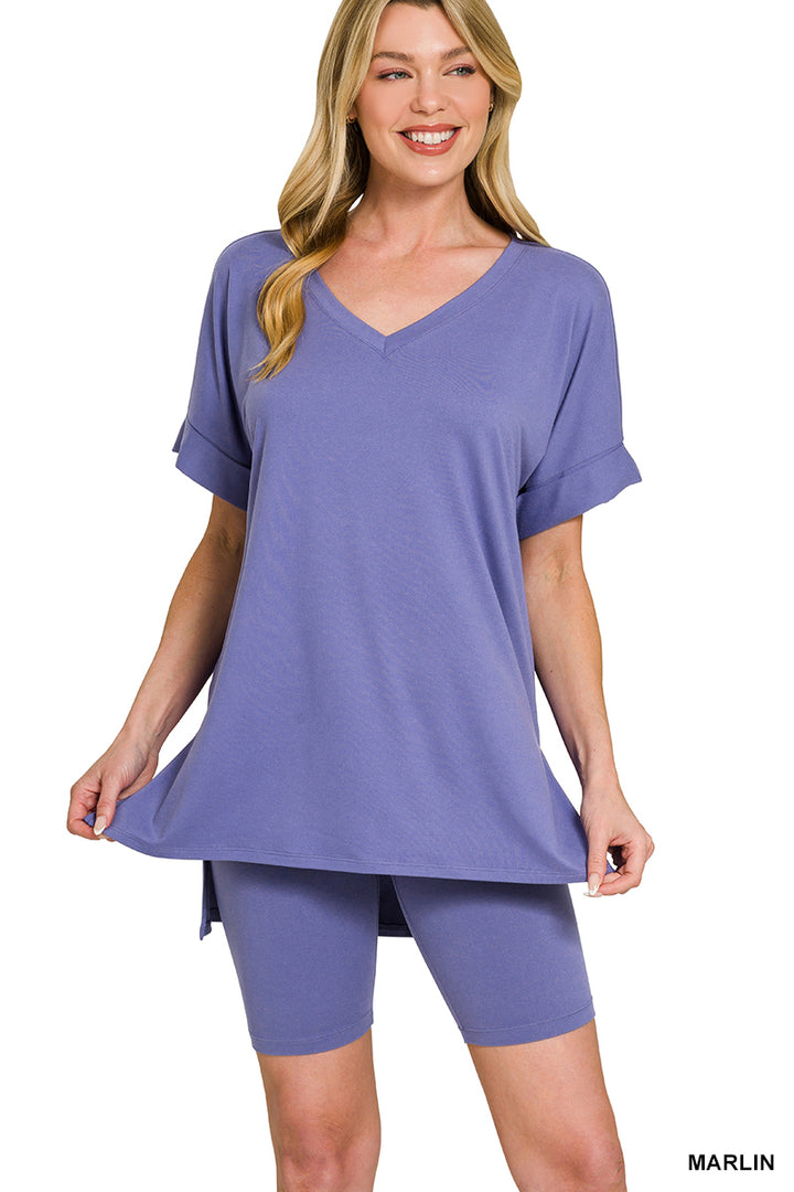 Brushed dty microfiber v-neck top &amp; biker shorts