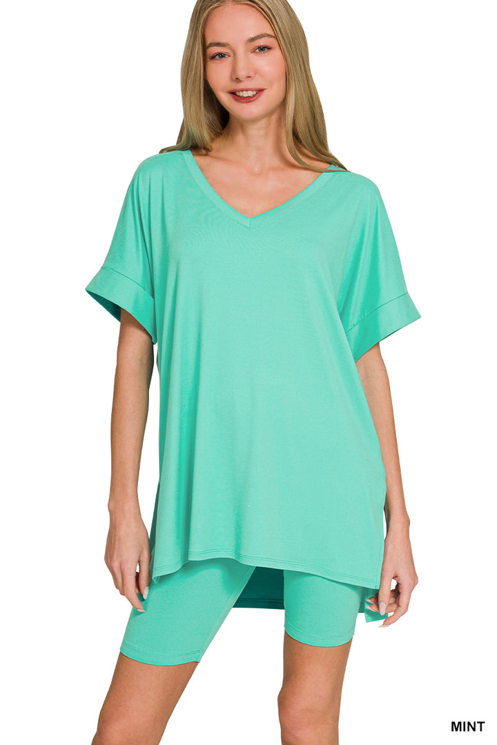 Brushed dty microfiber v-neck top &amp; biker shorts
