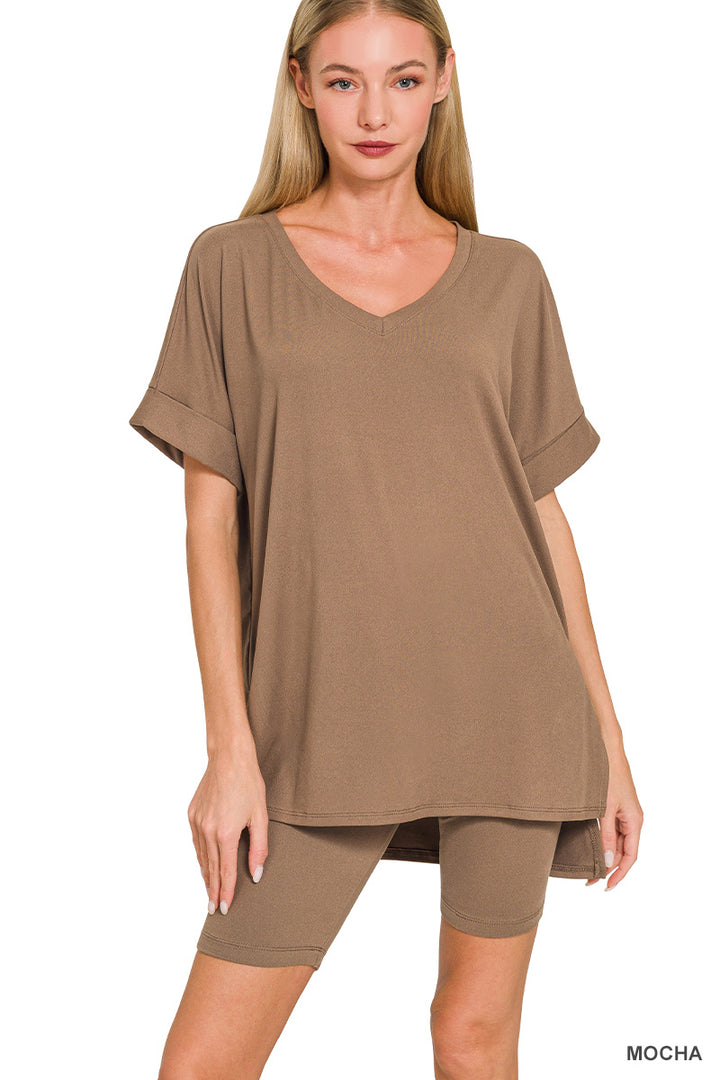 Brushed dty microfiber v-neck top &amp; biker shorts