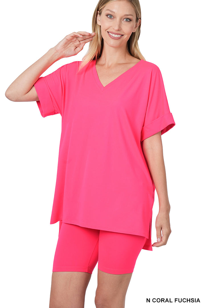 Brushed dty microfiber v-neck top &amp; biker shorts