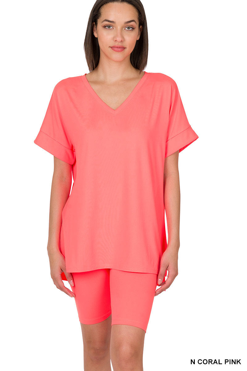 Brushed dty microfiber v-neck top &amp; biker shorts