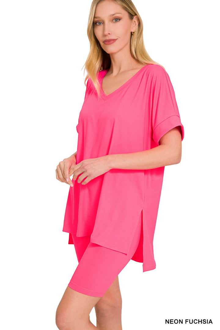 Brushed dty microfiber v-neck top &amp; biker shorts