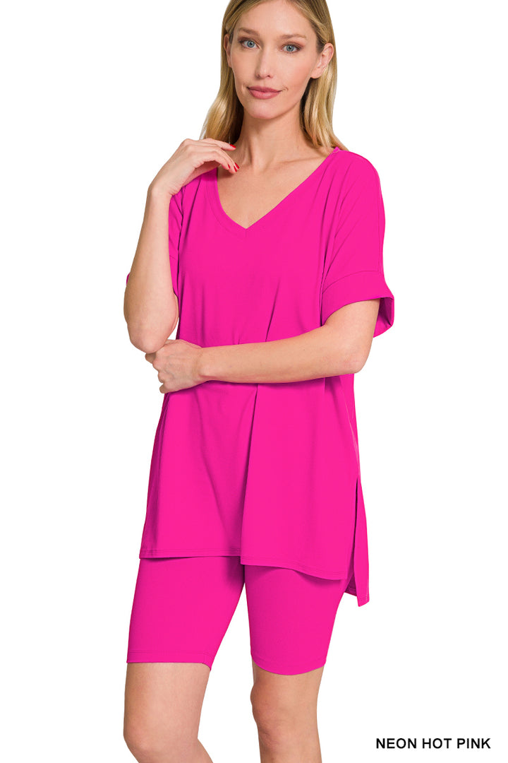 Brushed dty microfiber v-neck top &amp; biker shorts