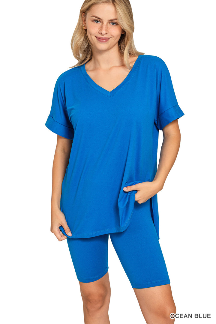 Brushed dty microfiber v-neck top &amp; biker shorts
