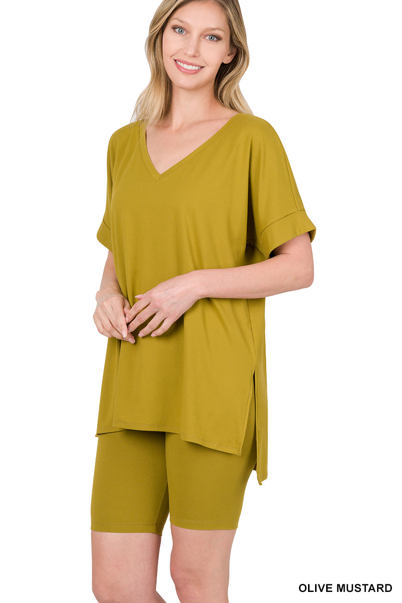 Brushed dty microfiber v-neck top &amp; biker shorts