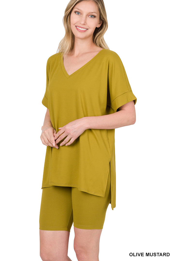 Brushed dty microfiber v-neck top &amp; biker shorts