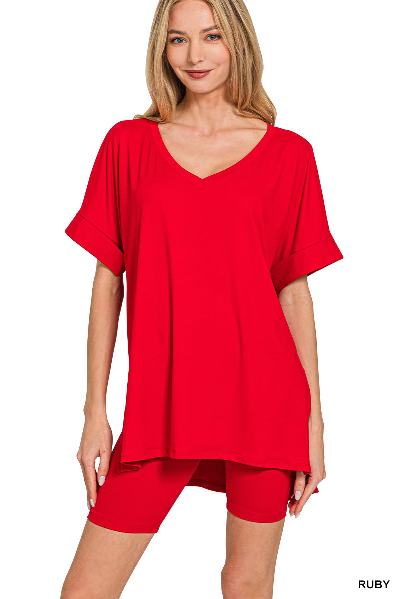 Brushed dty microfiber v-neck top &amp; biker shorts