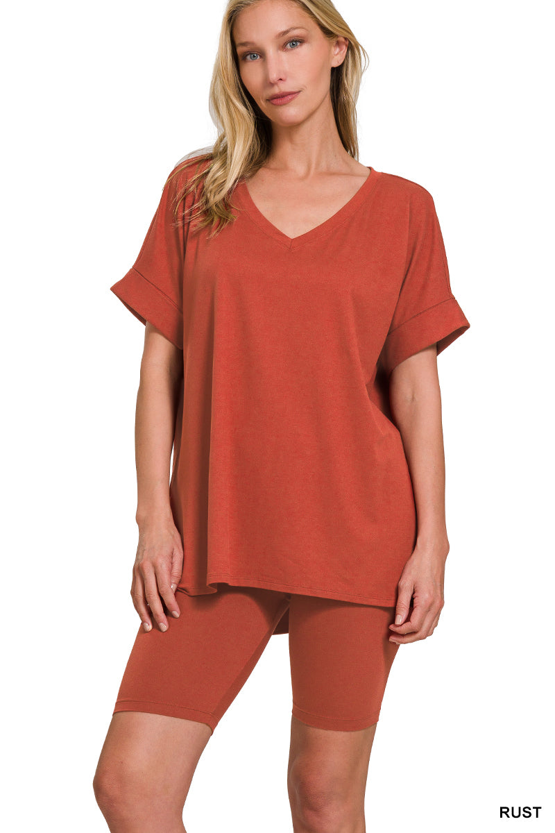 Brushed dty microfiber v-neck top &amp; biker shorts