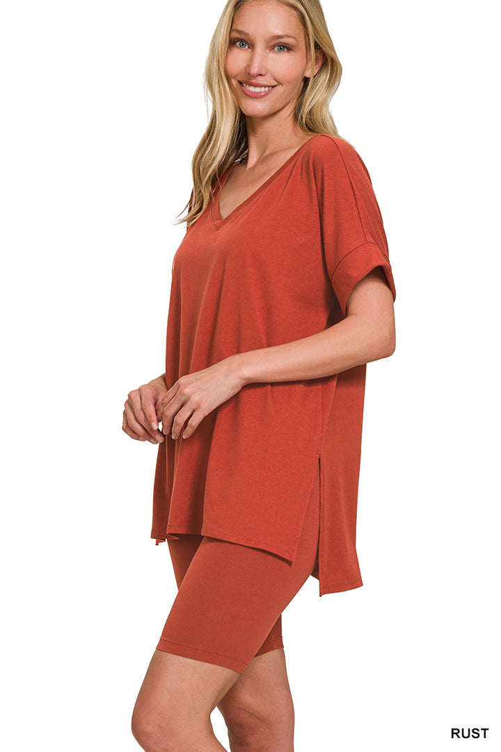 Brushed dty microfiber v-neck top &amp; biker shorts