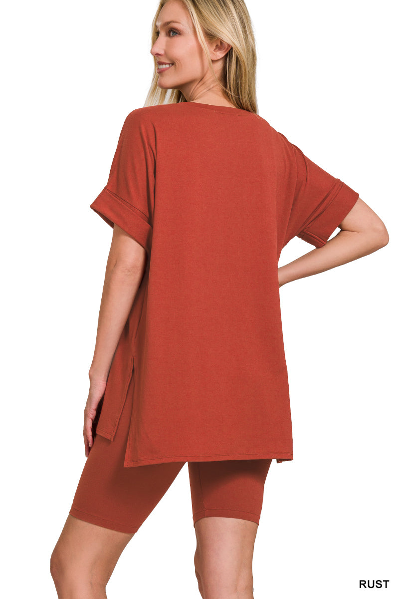Brushed dty microfiber v-neck top &amp; biker shorts