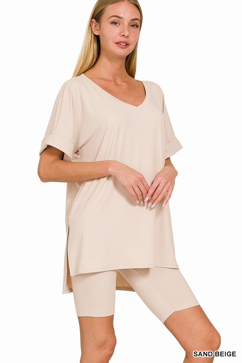 Brushed dty microfiber v-neck top &amp; biker shorts
