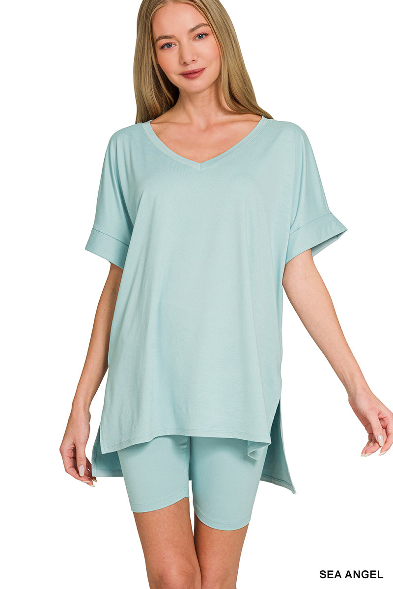 Brushed dty microfiber v-neck top &amp; biker shorts