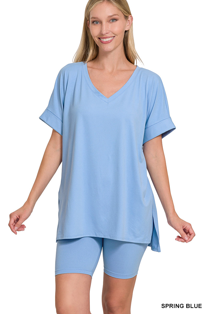 Brushed dty microfiber v-neck top &amp; biker shorts