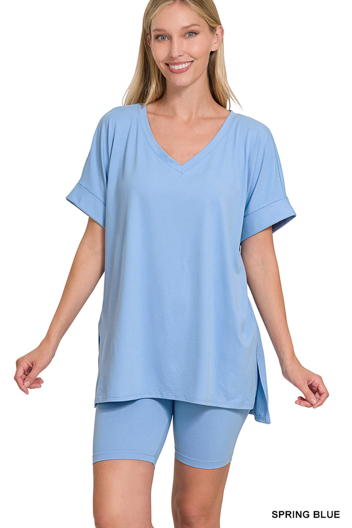 Brushed dty microfiber v-neck top &amp; biker shorts