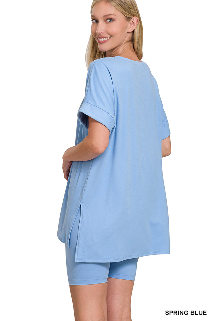 Brushed dty microfiber v-neck top &amp; biker shorts