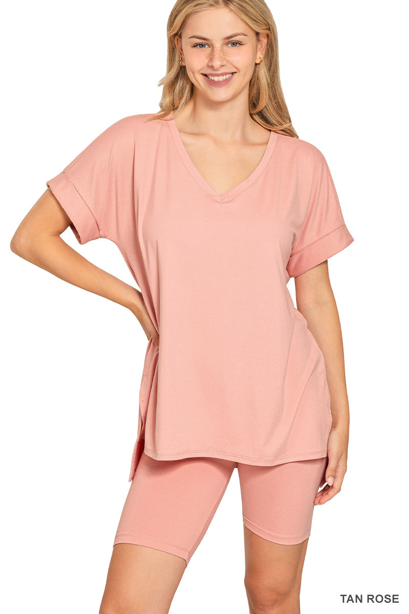 Brushed dty microfiber v-neck top &amp; biker shorts
