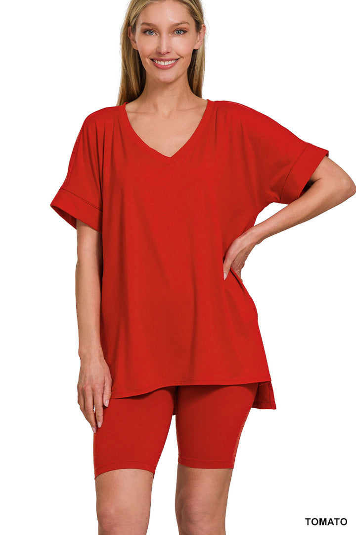 Brushed dty microfiber v-neck top &amp; biker shorts