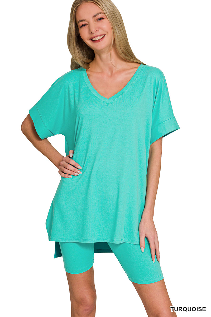 Brushed dty microfiber v-neck top &amp; biker shorts
