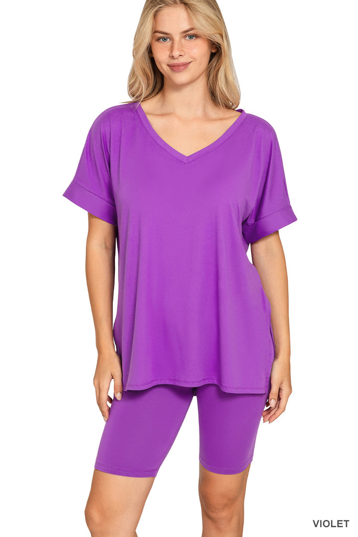 Brushed dty microfiber v-neck top &amp; biker shorts