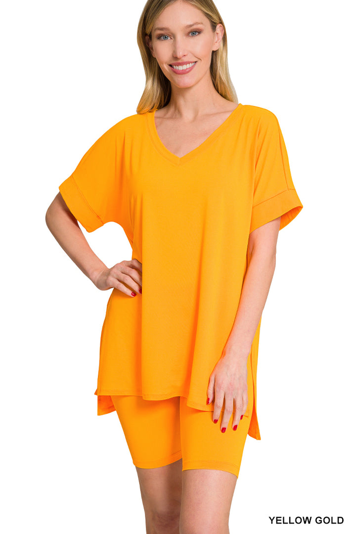 Brushed dty microfiber v-neck top &amp; biker shorts