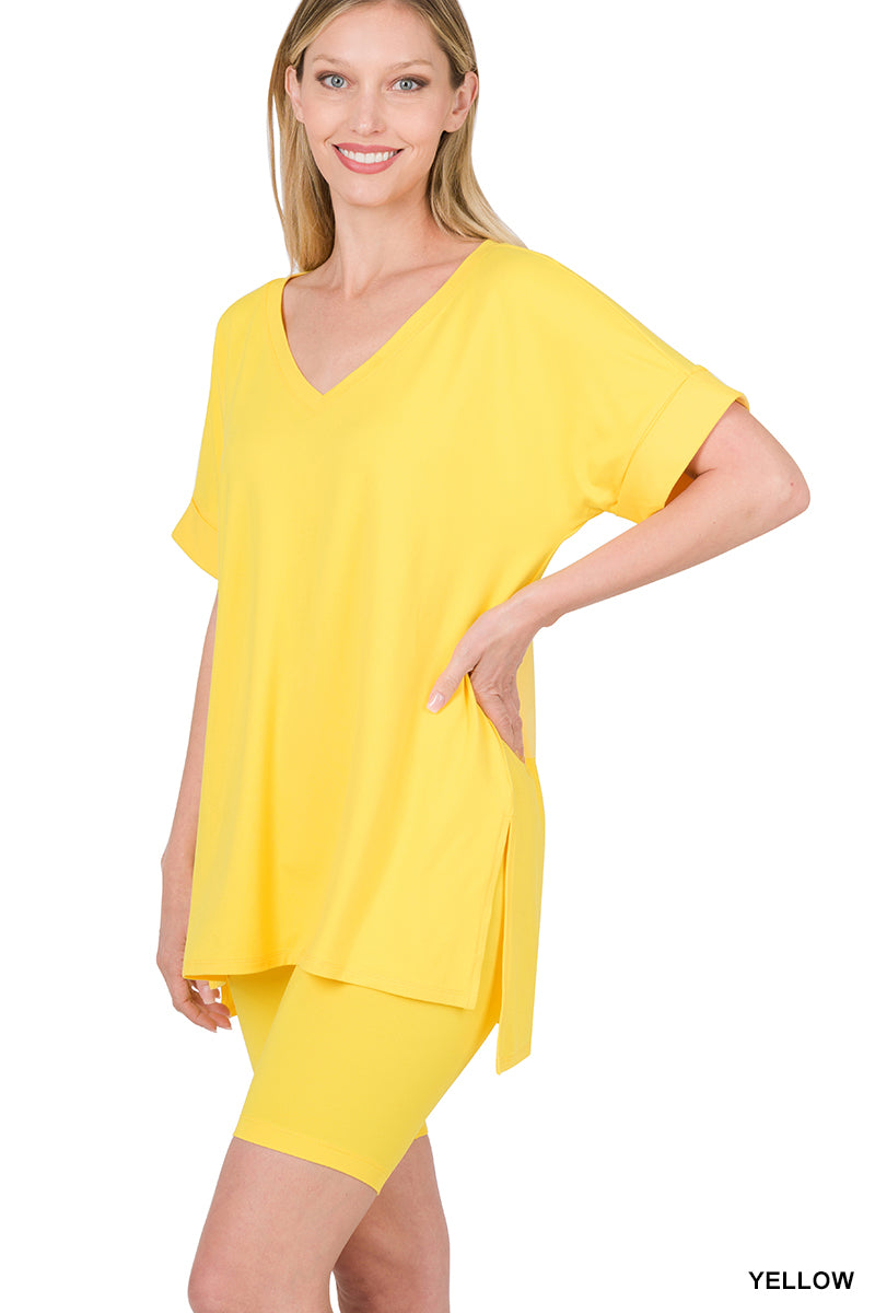 Brushed dty microfiber v-neck top &amp; biker shorts