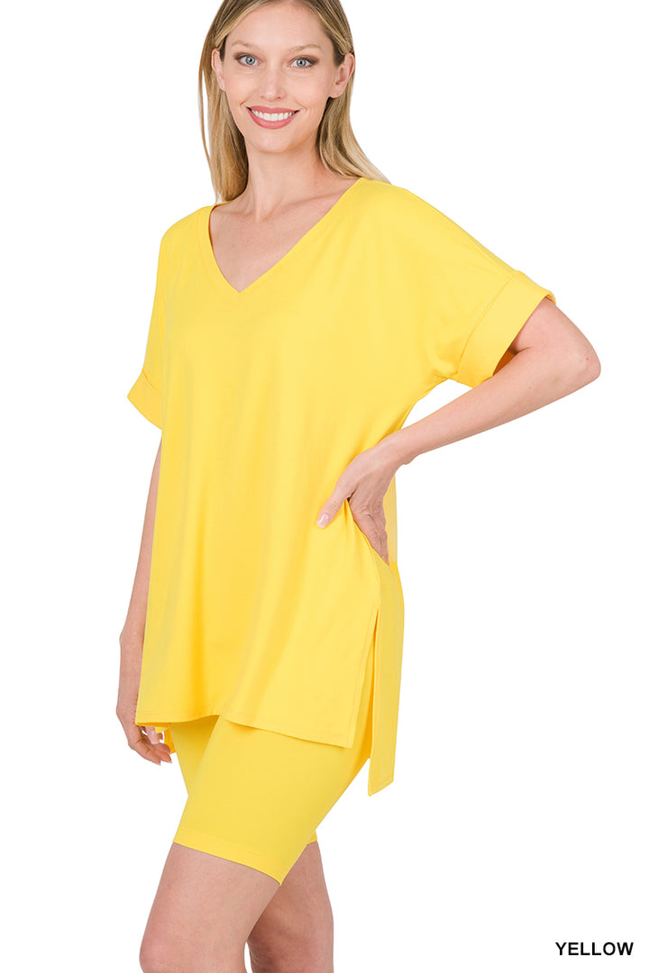 Brushed dty microfiber v-neck top &amp; biker shorts