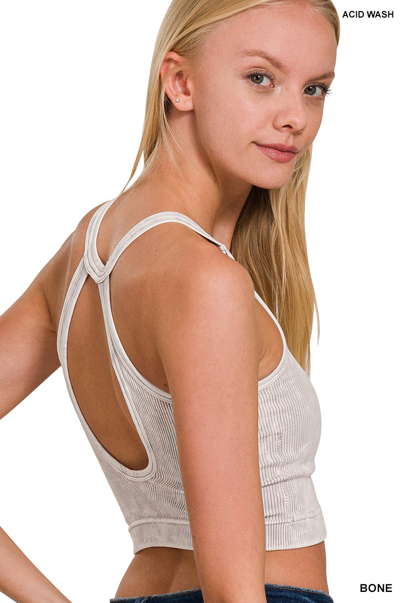 Washed ribbed seamless button v-neck tank top
