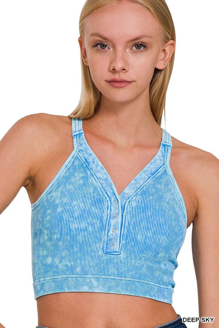 Washed ribbed seamless button v-neck tank top