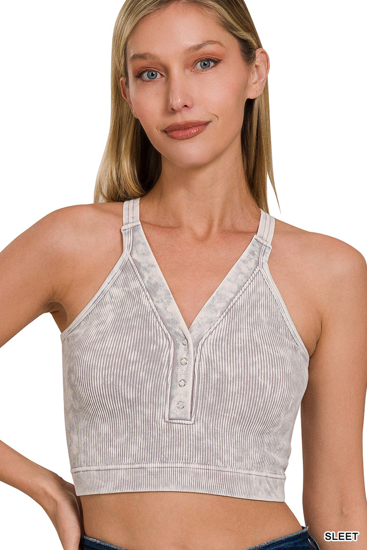 Washed ribbed seamless button v-neck tank top