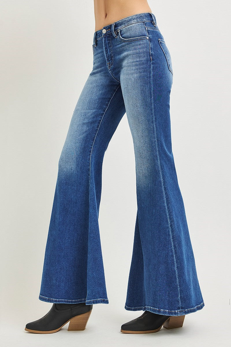 MID RISE WIDE FLARE JEANS WITH CREASE LINE