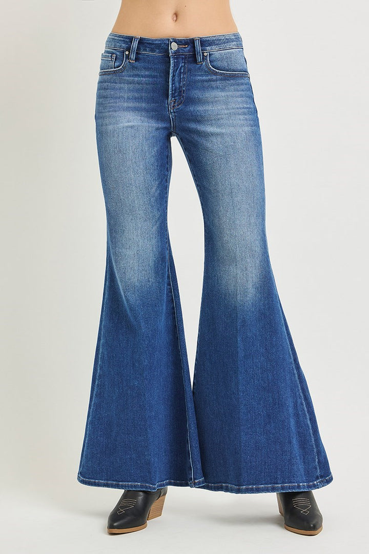 MID RISE WIDE FLARE JEANS WITH CREASE LINE