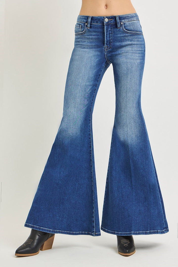 MID RISE WIDE FLARE JEANS WITH CREASE LINE