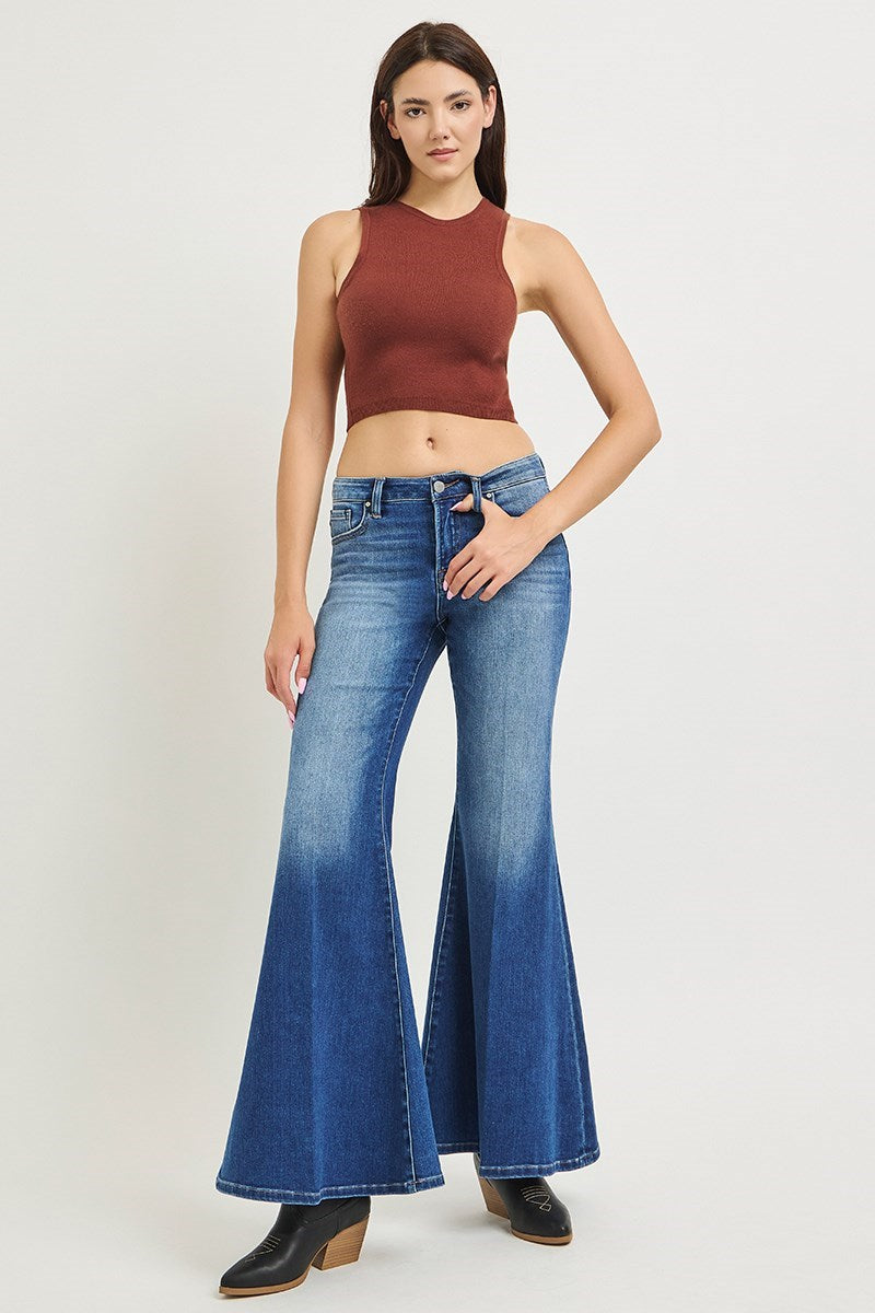 MID RISE WIDE FLARE JEANS WITH CREASE LINE