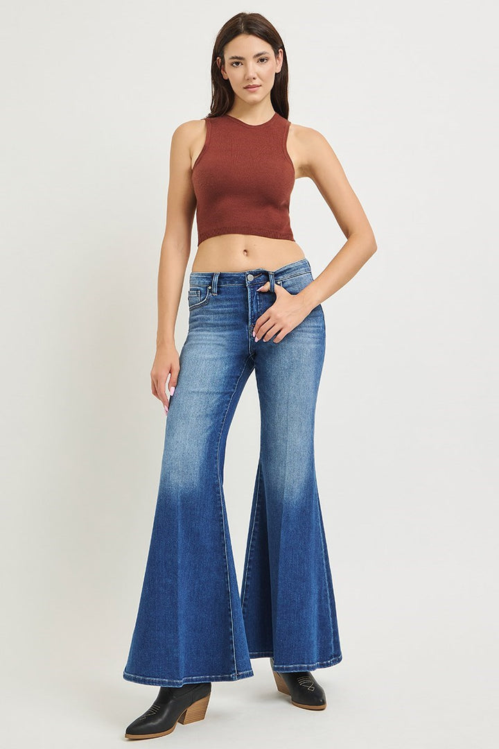 MID RISE WIDE FLARE JEANS WITH CREASE LINE